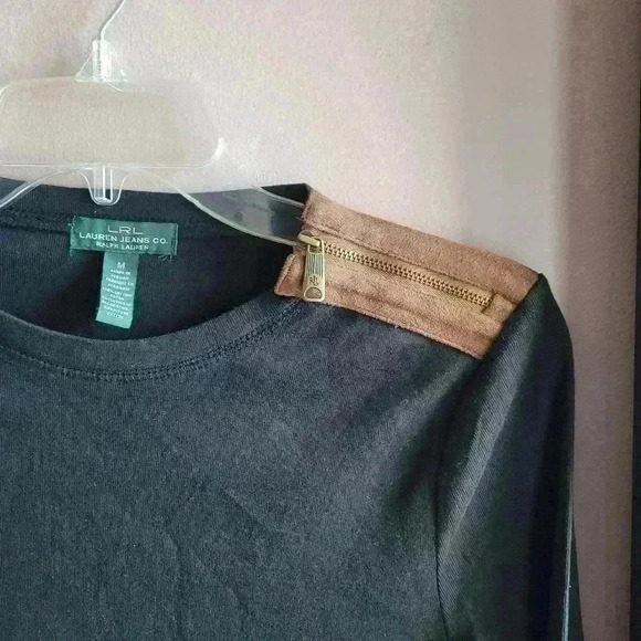 Lauren / Ralph Lauren - Black 100% Cotton Sweater - Suede Elbow Patches - Medium - Picture 4 of 10